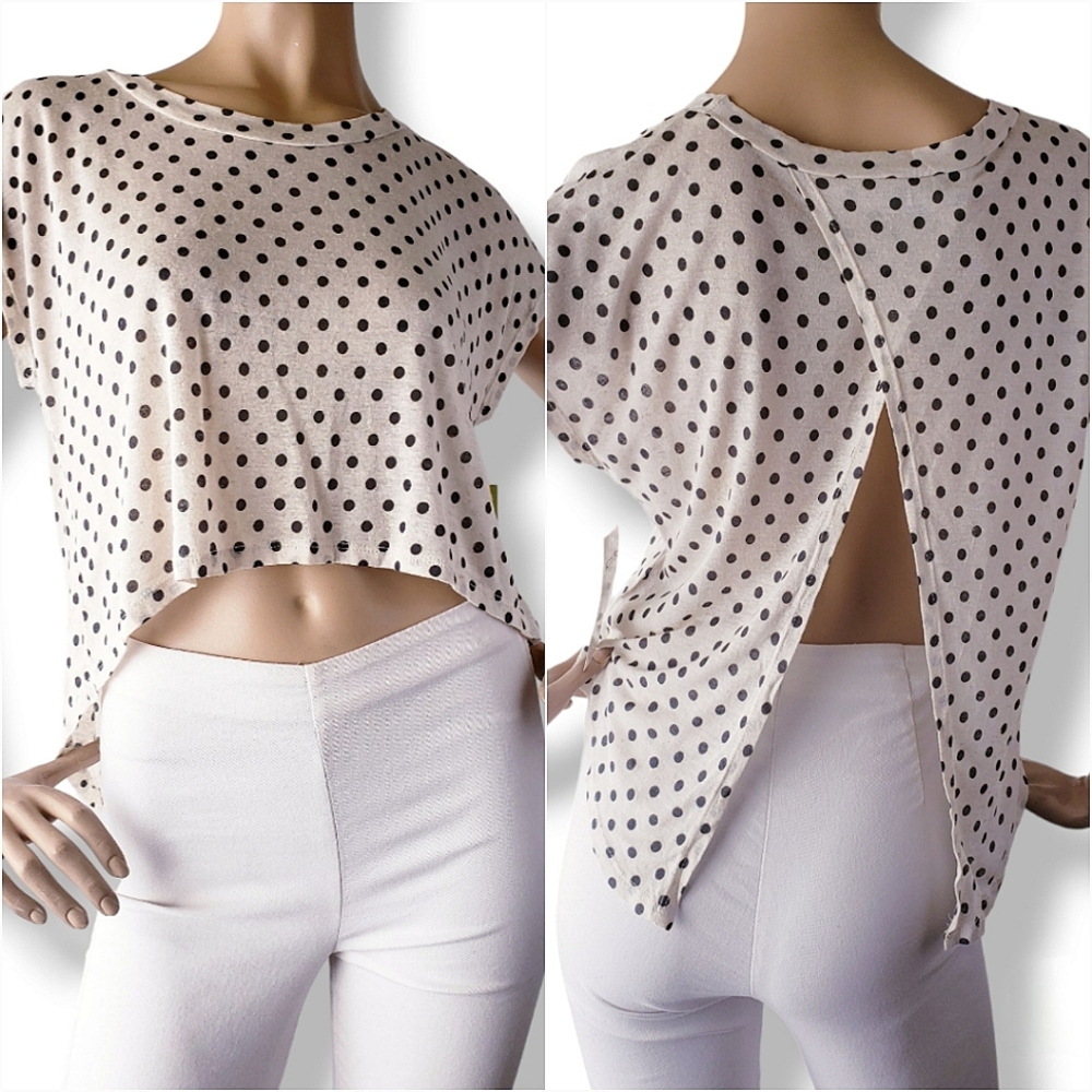 Kirious Cream & Black Polka Dot Open Back Slit Crop Top